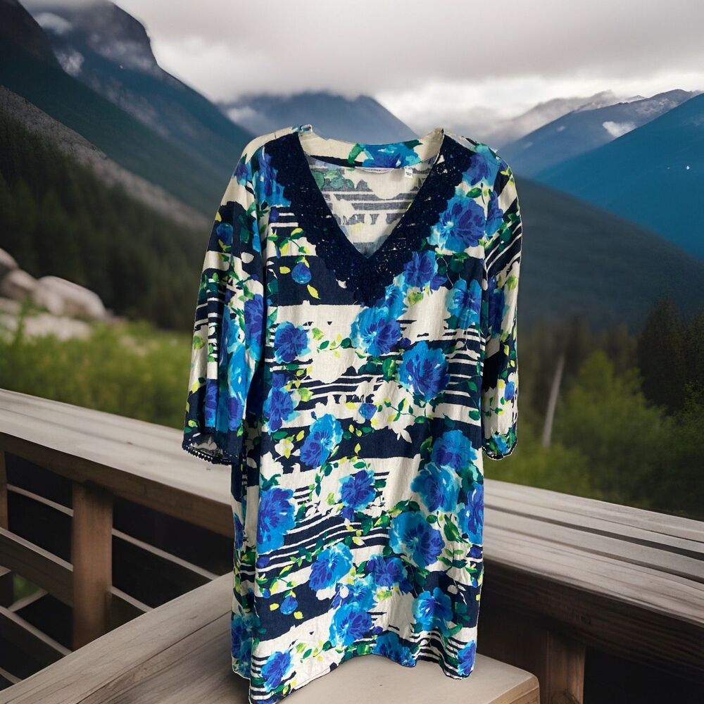 Isaac Mizrahi Live! Dress Floral Blue 1X Crochet Collar Sleeves Good Condition
